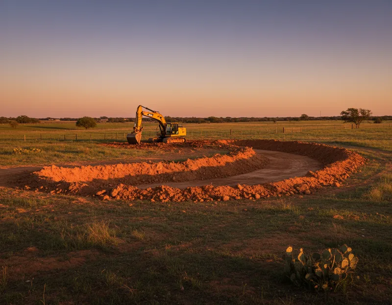 Excavator cutting a drainage channel across pasture